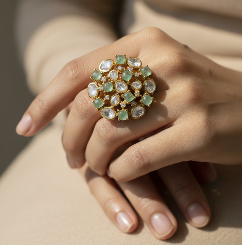 Raw Mint Emerald & Moissanite Polki Mosaic Ring