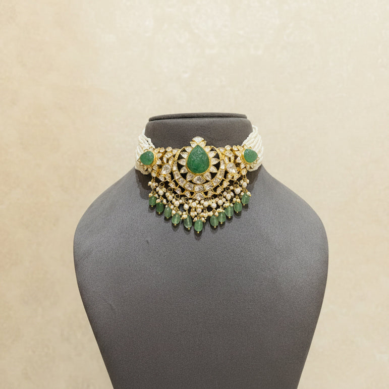 Carved Emerald-Green Melon & Moissanite Polki Crescent Choker