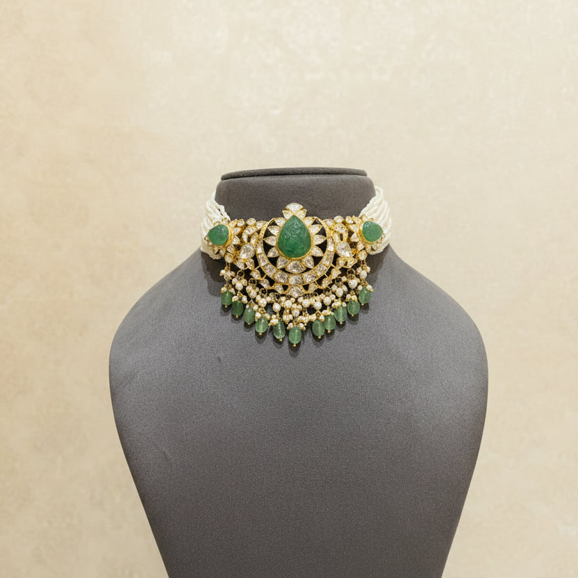 Carved Emerald-Green Melon & Moissanite Polki Crescent Choker