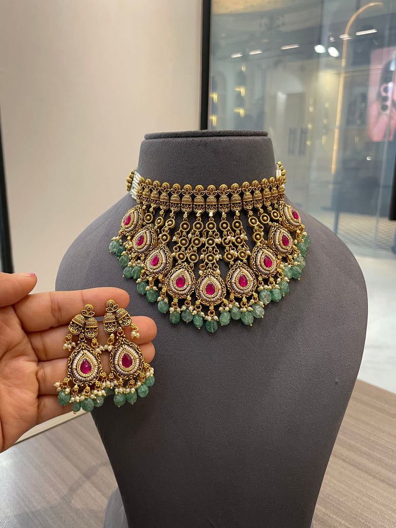 925 Silver Anarkali Heavy Antique Gold Look Bridal Choker Set