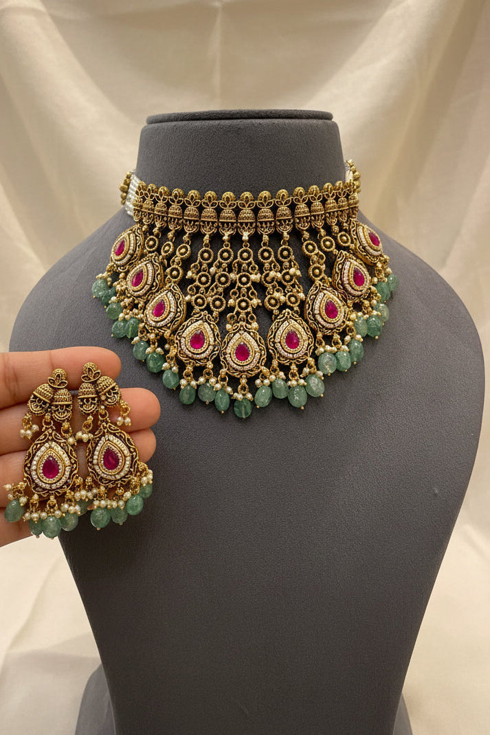 Heritage Nakshi Teardrop Choker Gold Look
