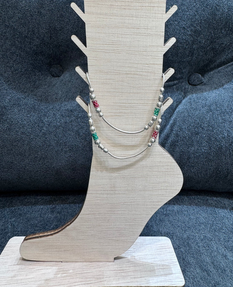 RED AND GREEN COLOR WORK PURE SILVER ANKLET ( 1 PAIR )