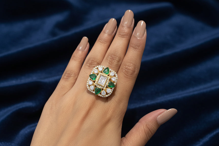 Square Floral Emerald Moissanite Polki Medallion Ring
