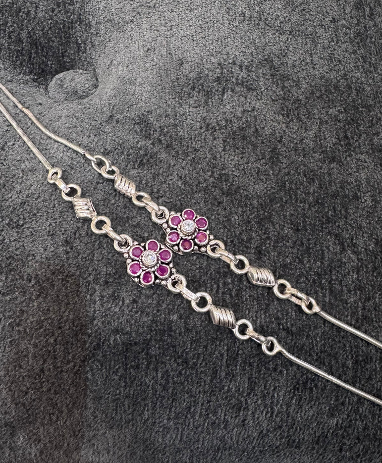 PURE SILVER ANKLET WITH PINK FLOWERS ( 1 PAIR )