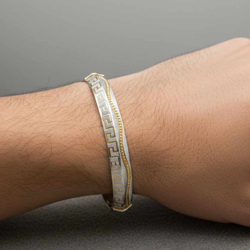 Modern Designer Greek Fret Pattern Men's Dual-Band Bracelet
