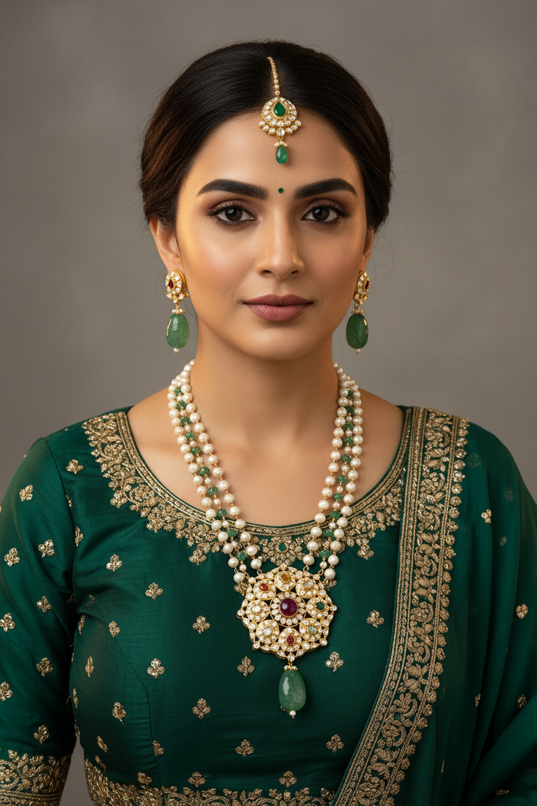 Vintage Pearl & Navratna Long Polki Set