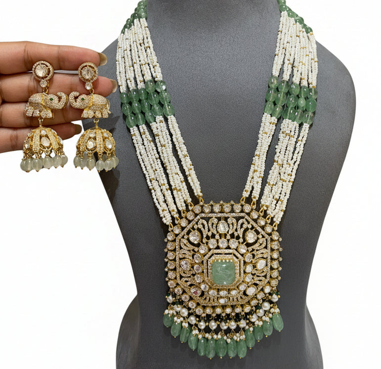 Royal Elephant-Crest Moissanite Polki Long Haram Set