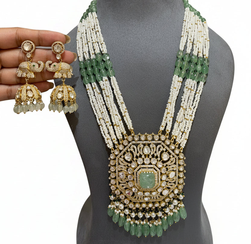 Royal Elephant-Crest Moissanite Polki Long Haram Set