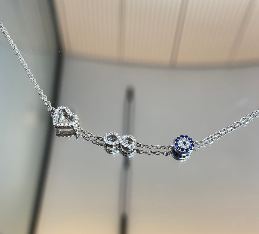 925 Silver Infinity & Heart Diamond Look Sleek Chain Bracelet