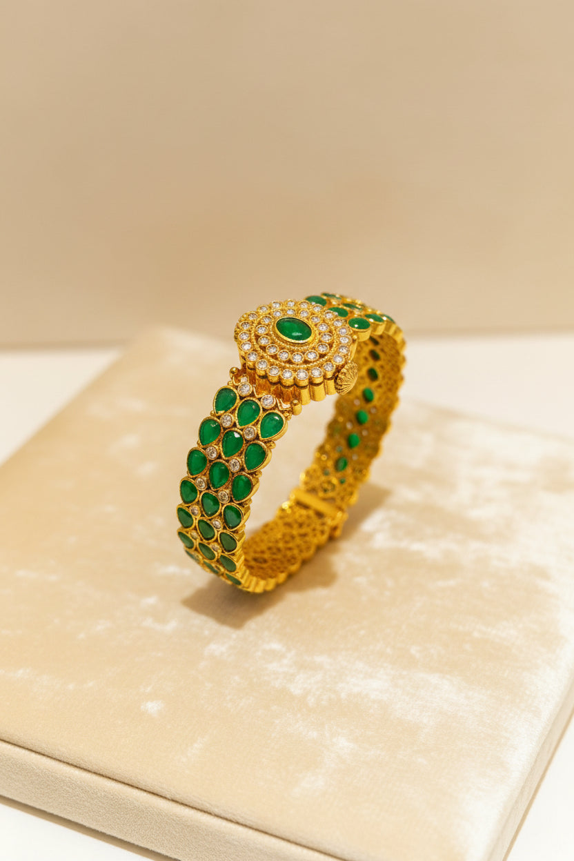 Royal Three-Line Emerald and Halo Gold Look Statement Openable Bangle