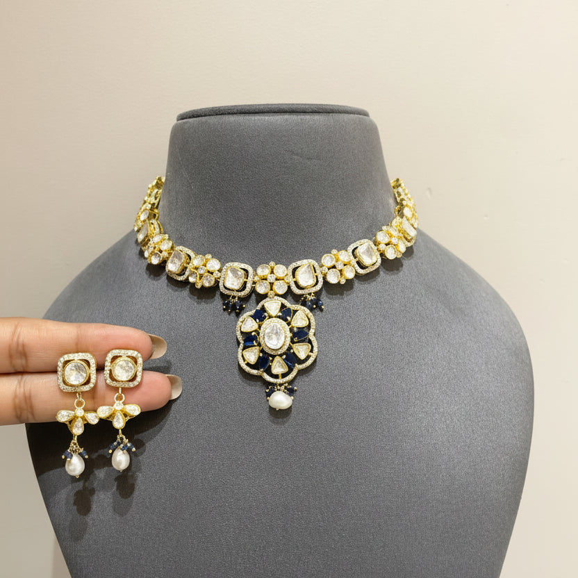Deep Blue Sapphire & Moissanite Polki Rosette Choker