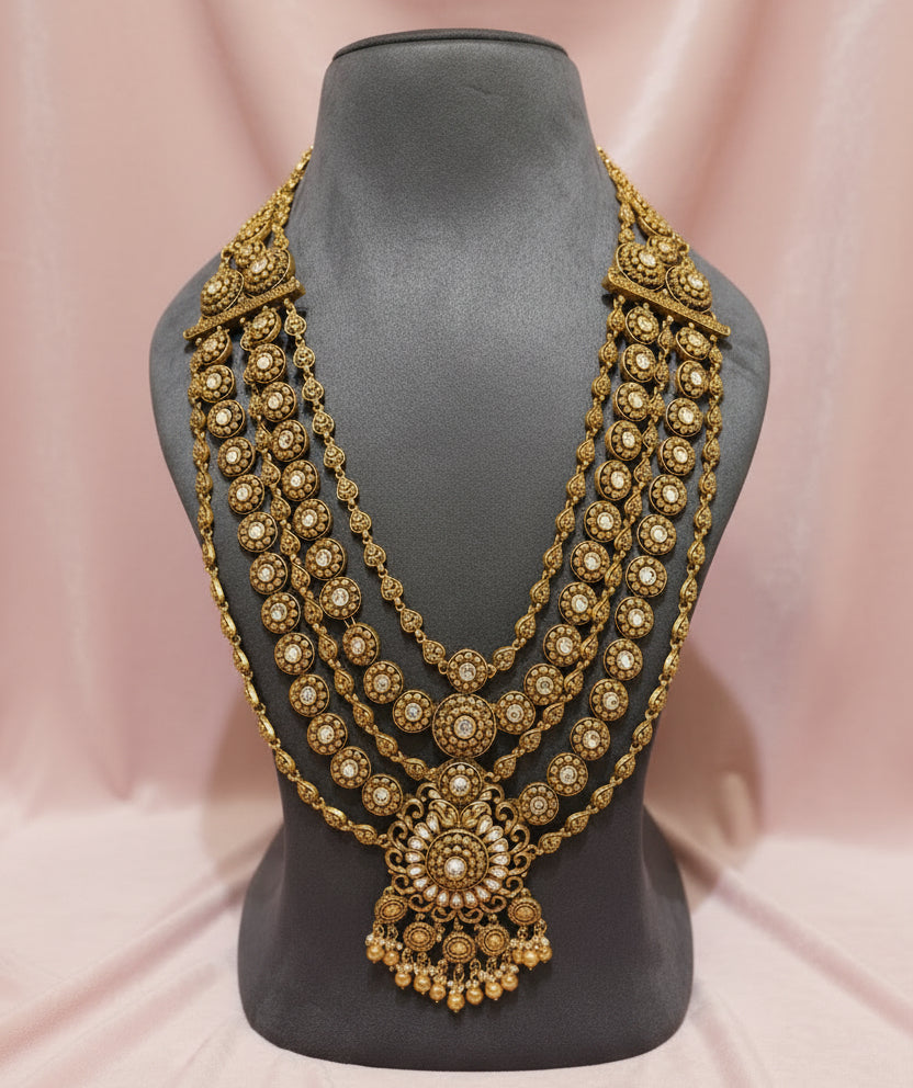 Antique Gold 5-Layer Wheel Coin Panchlada Long Bridal Set