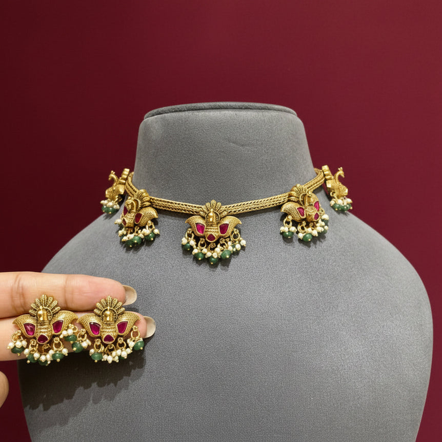 Antique Gold Sculpted Peacock Hasli Choker