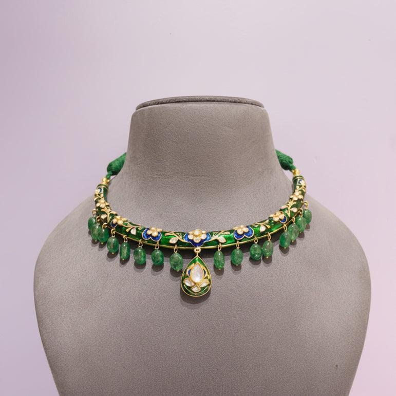 Green Meenakari Hasli Choker with Moissanite Polki Set