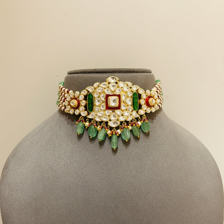 Royal Red-Green Enamel Polki Brooch Choker