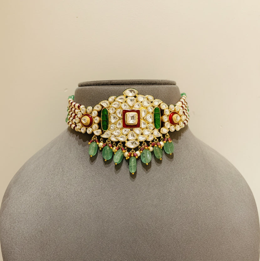 Royal Red-Green Enamel Polki Brooch Choker