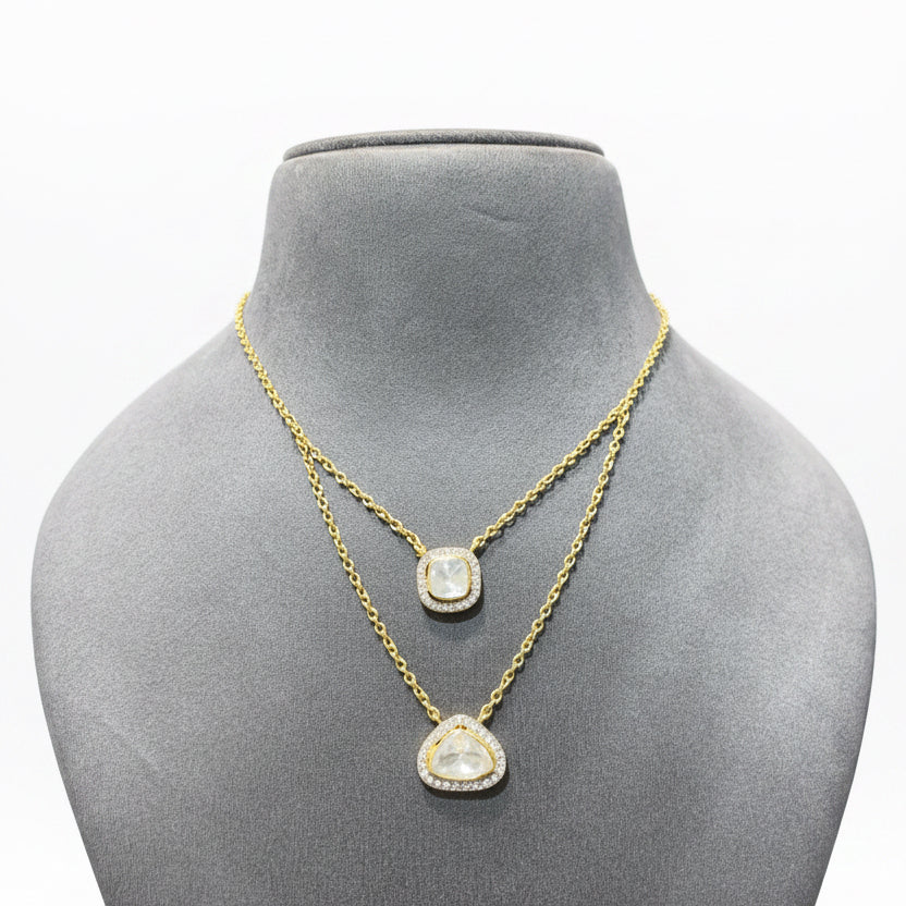 Dual-Layer Halo Geometric Moissanite Polki Pendant Set