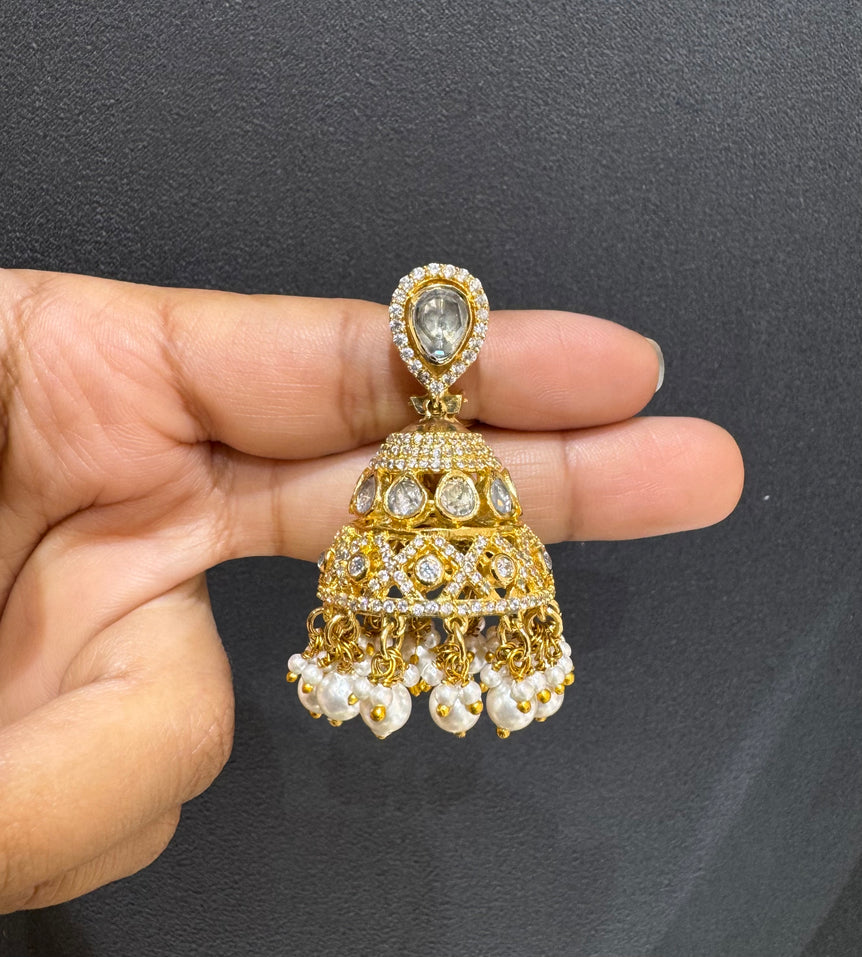 925 Silver Ethnic Polki & Pearls Jhumka Earrings
