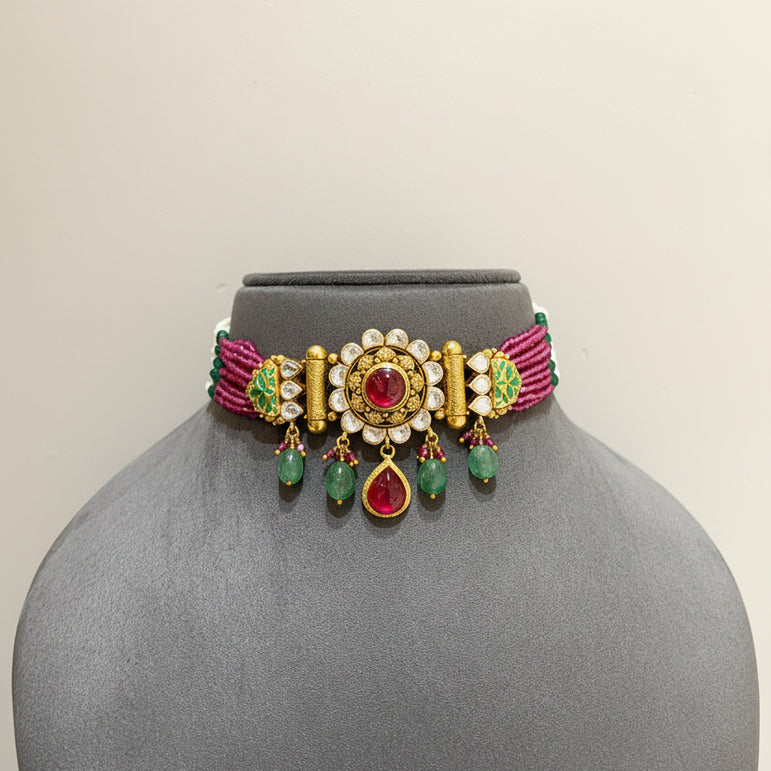 Antique Nakshi Floral Brooch & Green Meenakari Choker
