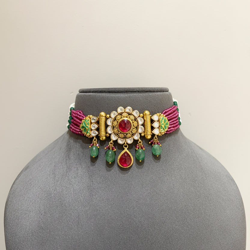 Antique Nakshi Floral Brooch & Green Meenakari Choker