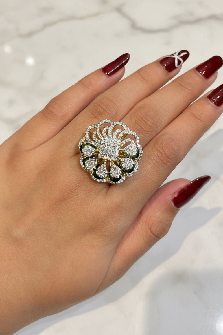 Emerald Petal Sunburst Moissanite Diamond Ring