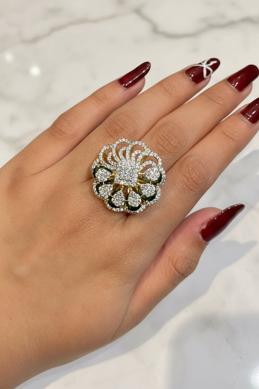 Emerald Petal Sunburst Moissanite Diamond Ring