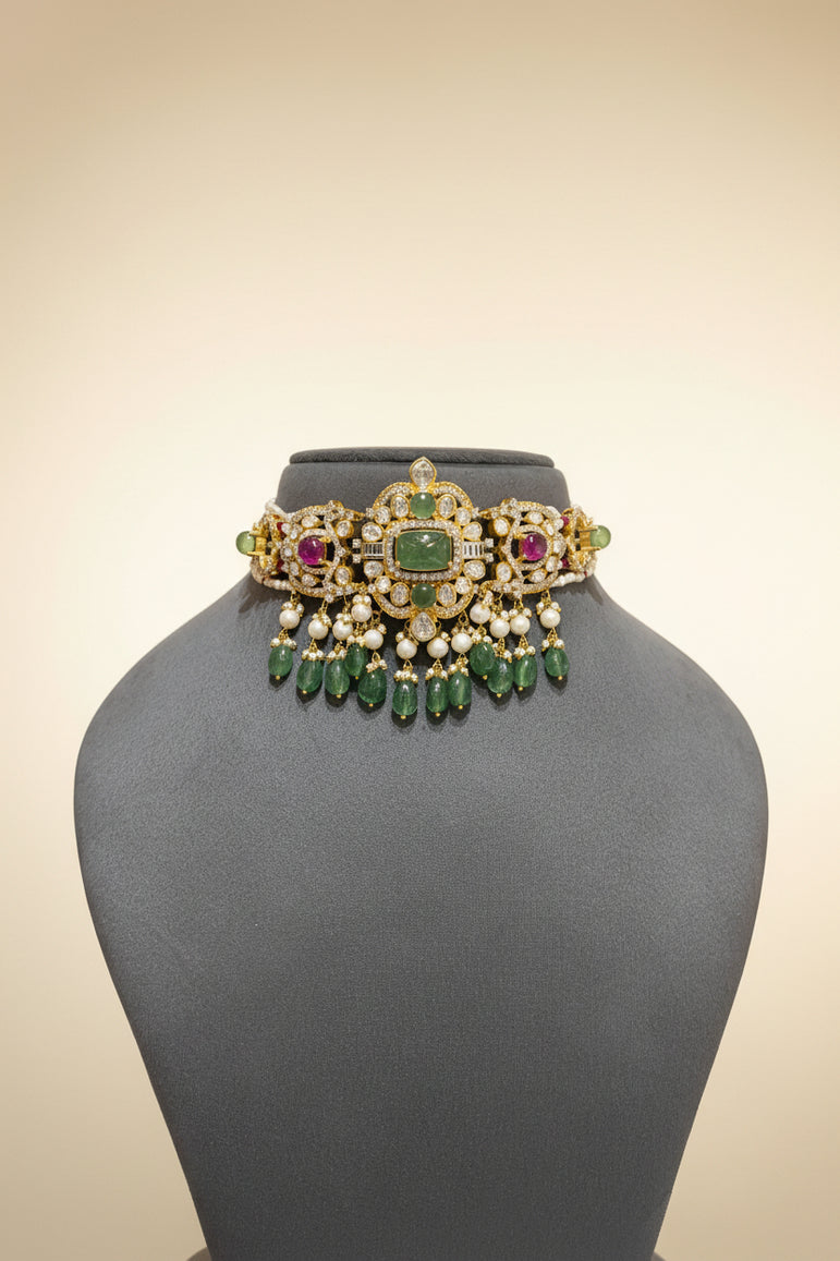 Carved Emerald Moissanite Polki Choker