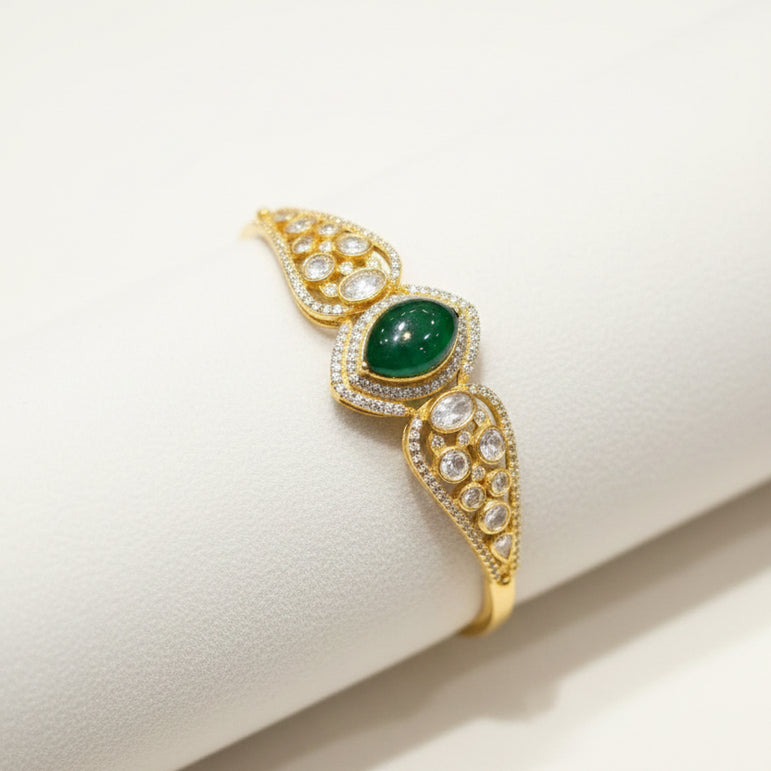 Emerald Cabochon & Moissanite Polki Statement Bracelet