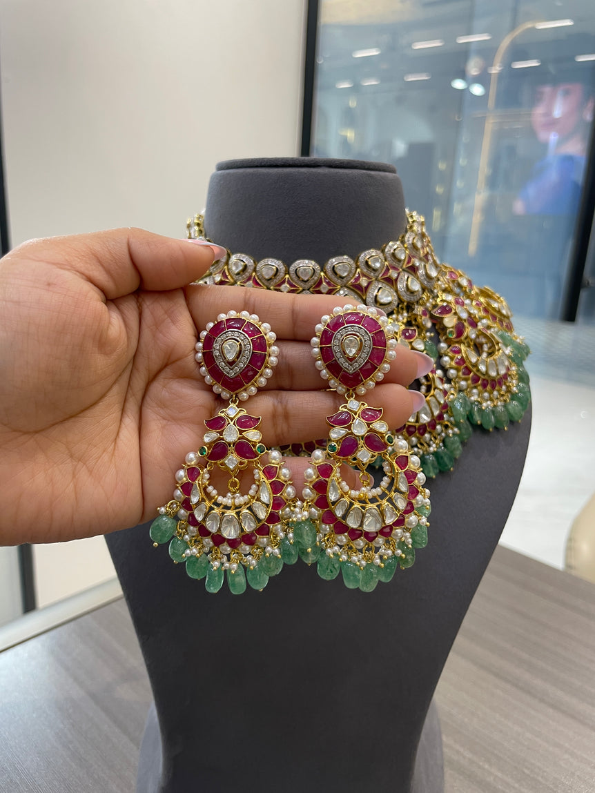 925 Silver Adhirani Ruby Pallav Heavy Bridal Necklace Set