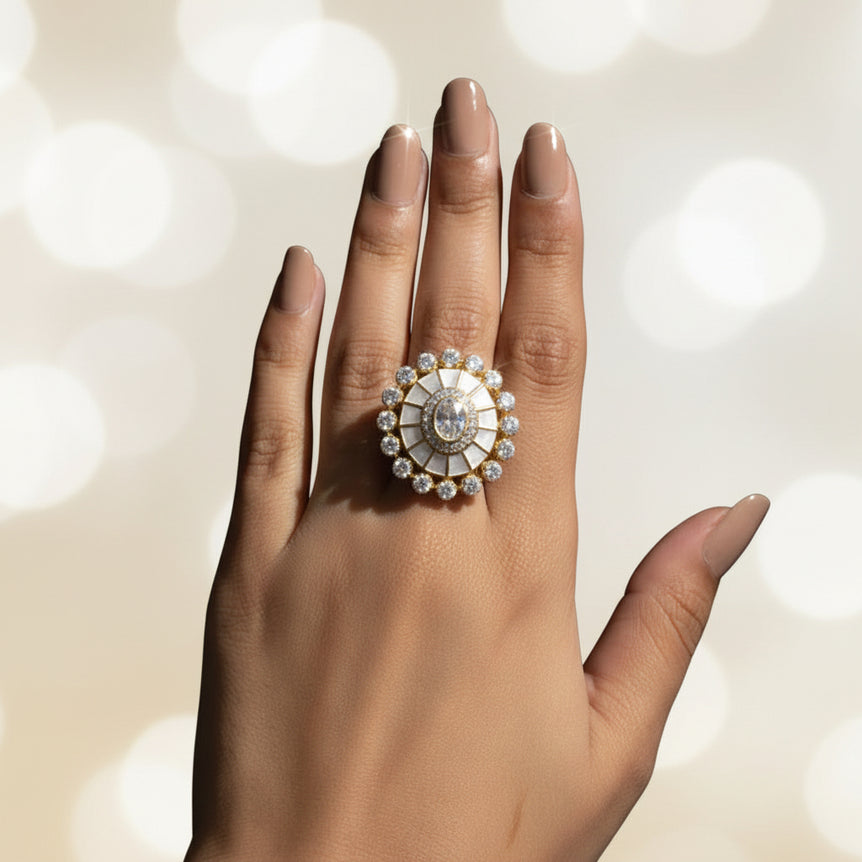 Mother of Pearl Oval Moissanite Polki Ring