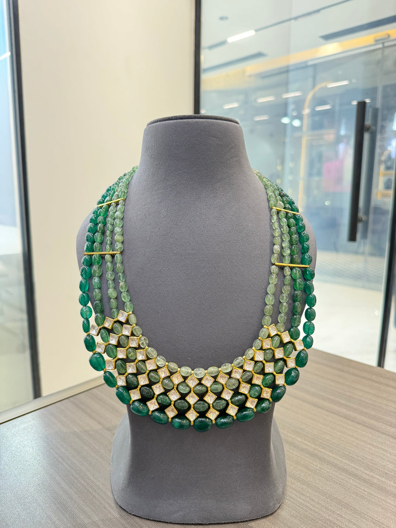 925 Silver Emerald Noor Polki Long Necklace Set