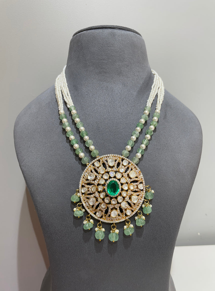 925 Silver Traditional Round Polki Heavy Pendant