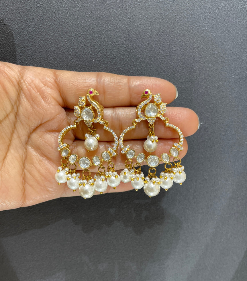 925 Silver Polki Peacock & Pearls Earring