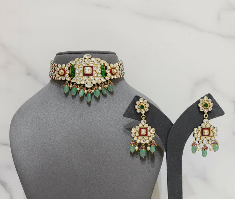 Royal Red-Green Enamel Polki Brooch Choker