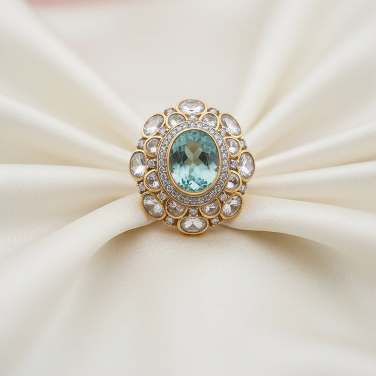 Royal Seafoam Green Gemstone & Dual-Halo Polki Solar Cocktail Ring