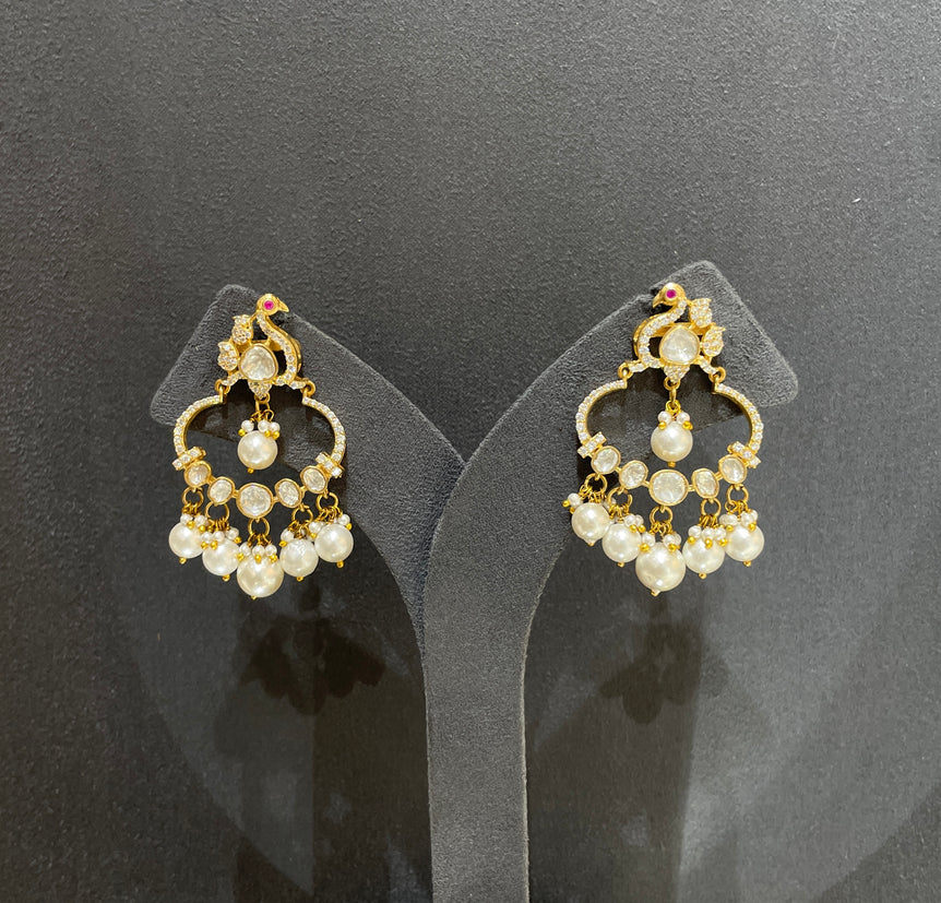 925 Silver Polki Peacock & Pearls Earring