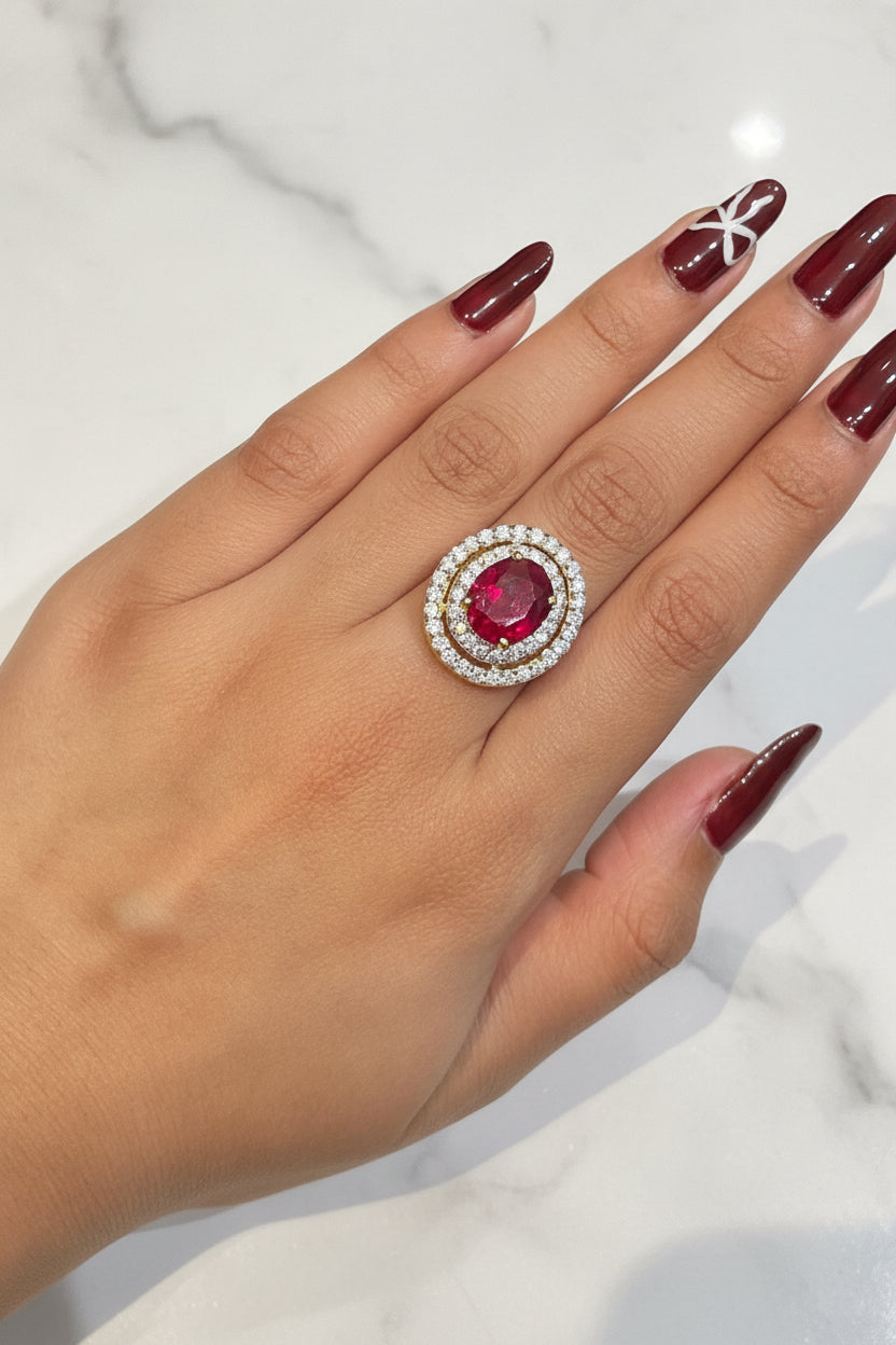 Oval Ruby Halo Statement Moissanite Diamond Ring