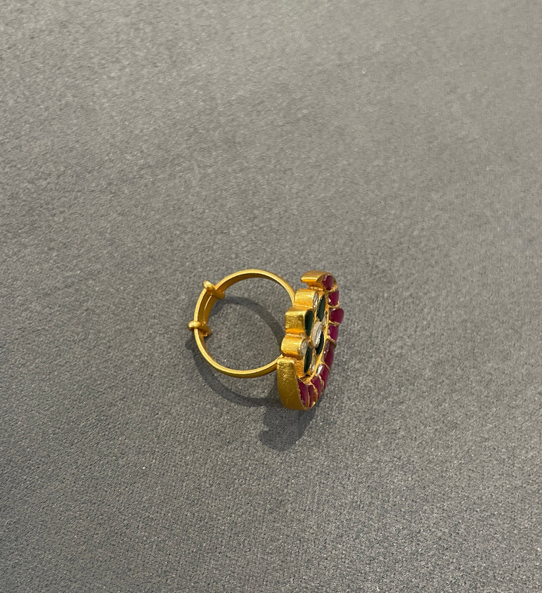 925 Silver Chandbali Floral Antique Gold Look Ring