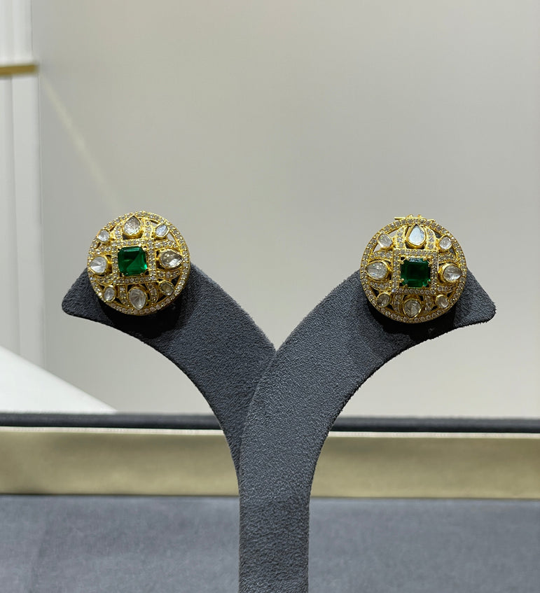 925 Silver Princess Cut Green Stone Polki Earrings