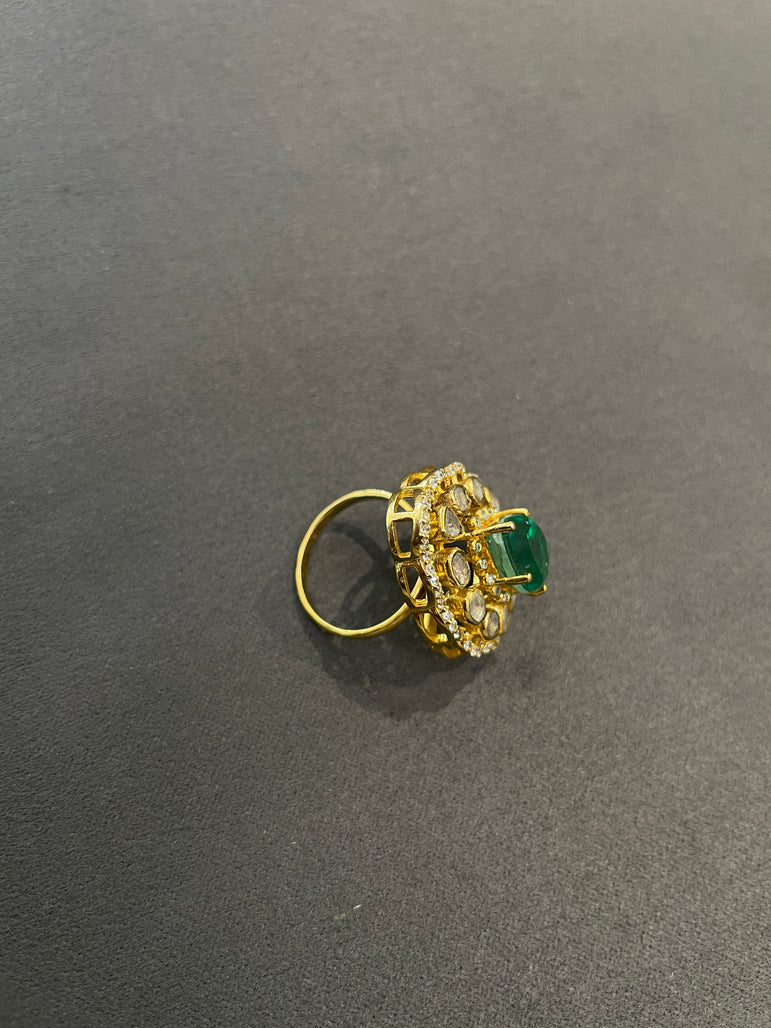925 Silver Emerald Polki Ring