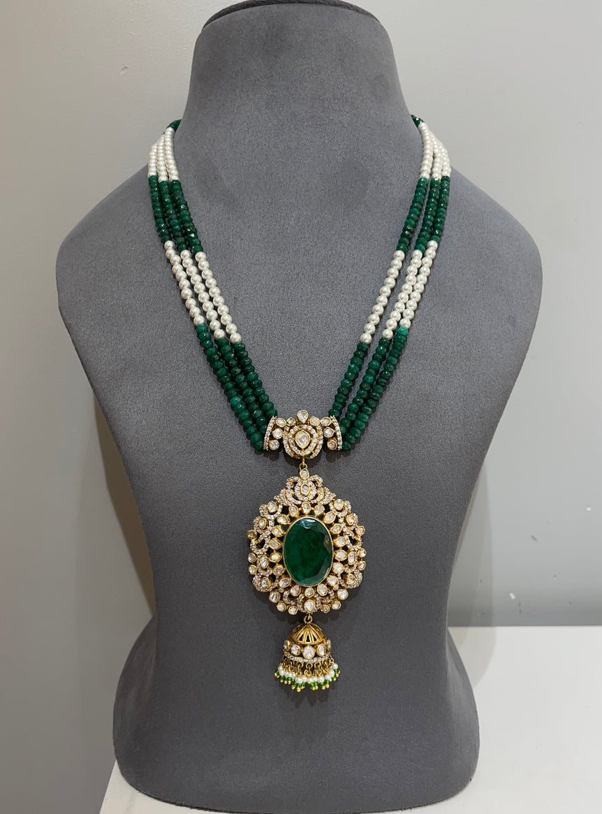 925 Silver Traditional Emerald Polki Pendant