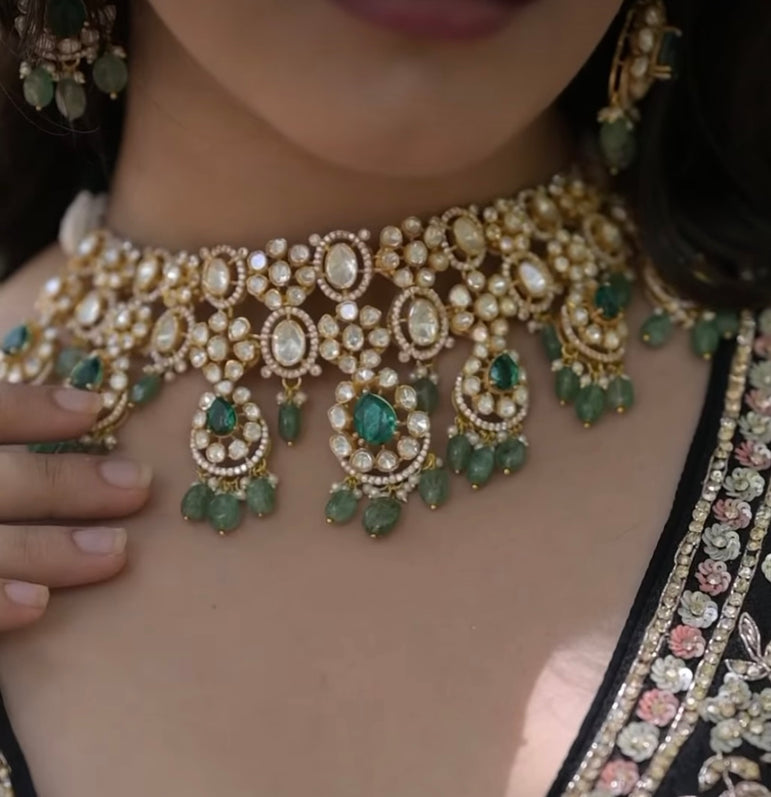 HEAVY GREEN PURE SILVER POLKI SET