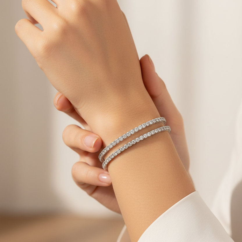 Classic Slim Halo Pair with Premium Rhodium Finish Diamond Bangle