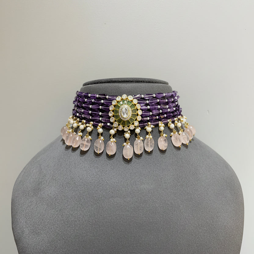Multi-Strand Amethyst with Rose Quartz & Matching Studs Choker