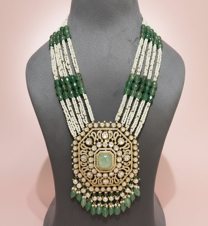 Emerald Quartz, Moissanite Polki & Micro-Pearl Statement Long Set