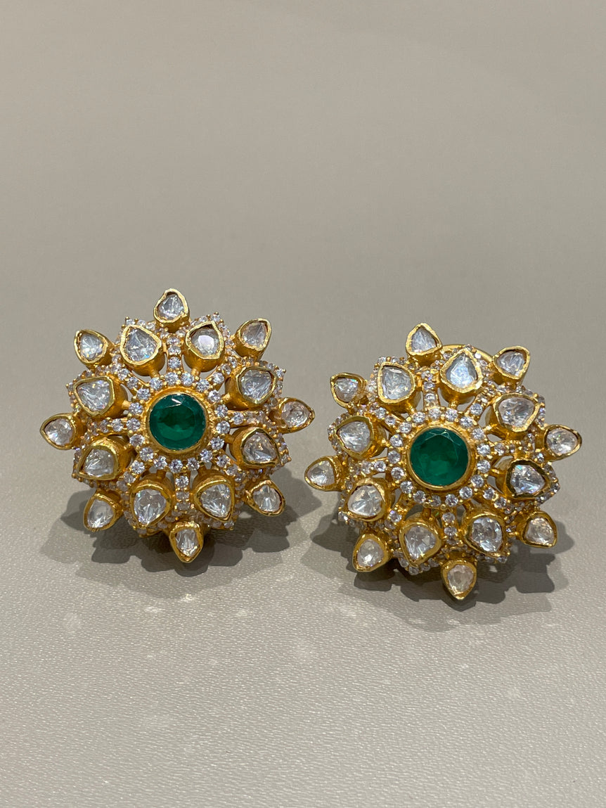 925 Silver Emerald Floral Polki Earrings