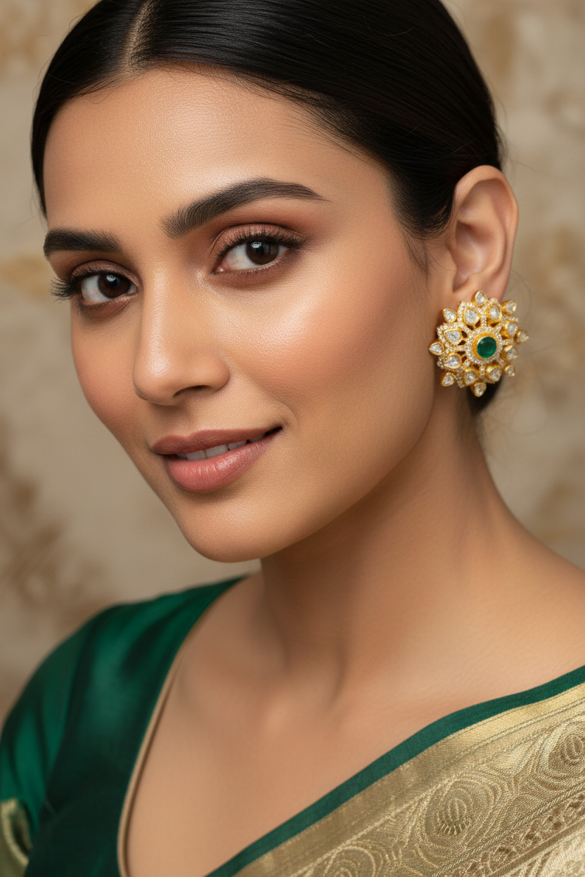 Emerald Floral Polki Earrings