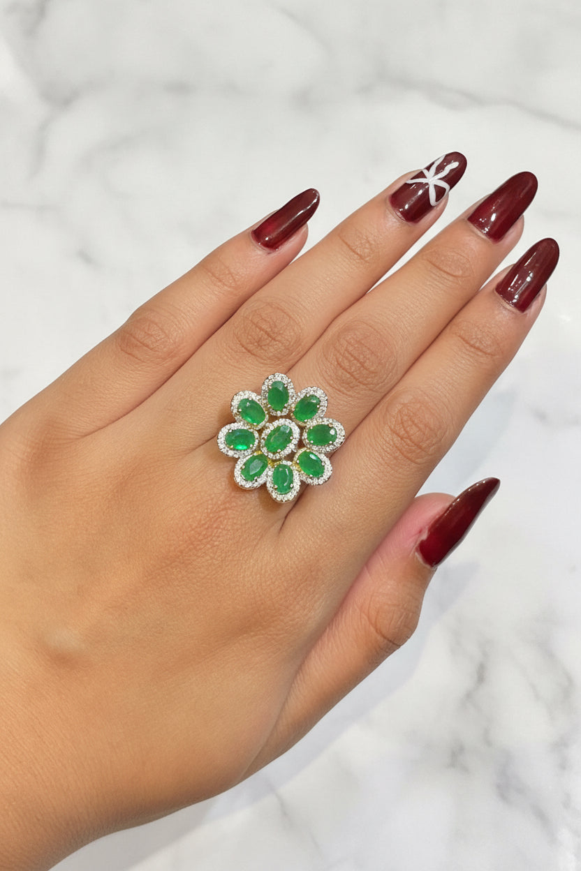 Emerald Petal Floral Cluster Moissanite Diamond Ring
