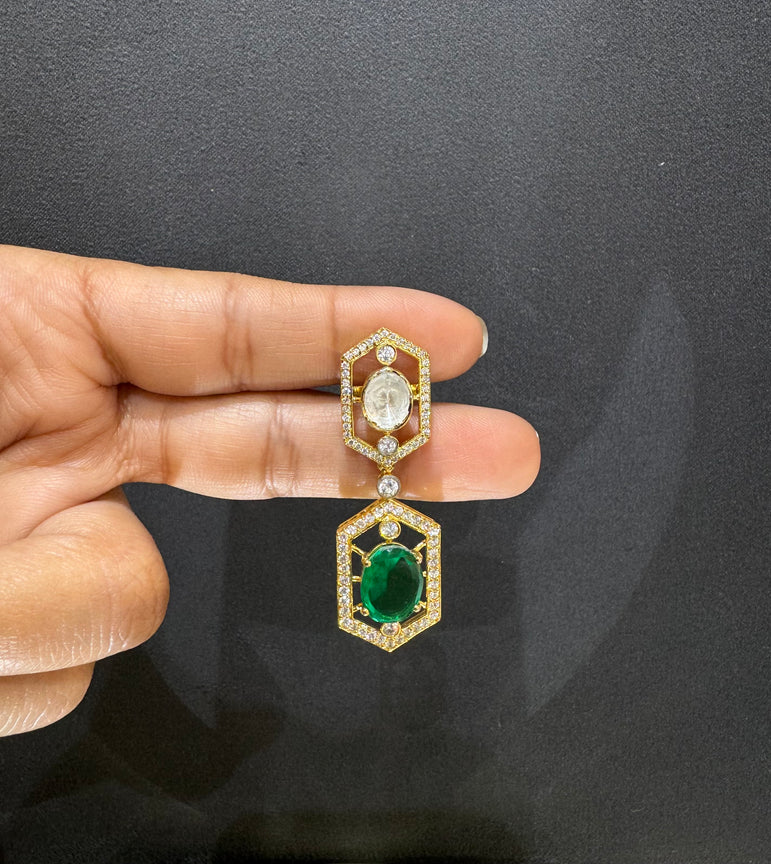 925 Silver Elegant Emerald & Polki Earrings