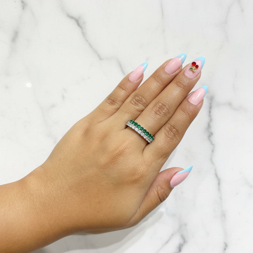 Classic Emerald & Diamond Dual-Row Eternity Band Ring